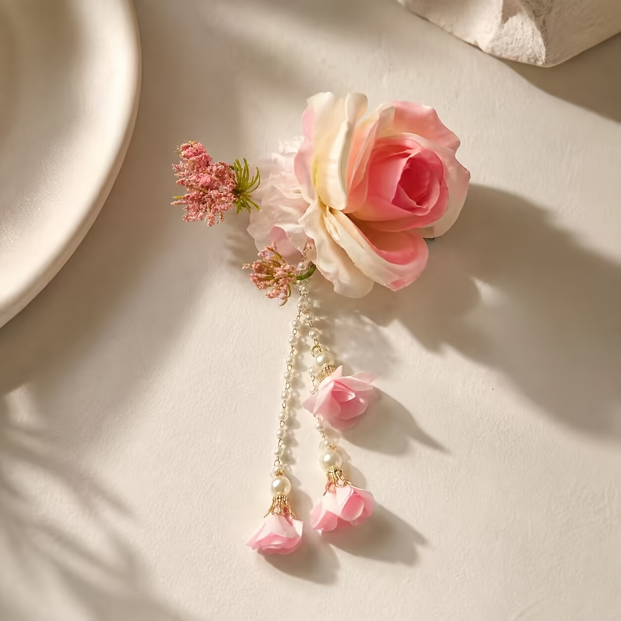 Elegant Ethereal Floral Tassel Hair Clip, Romantic Bun Accessory